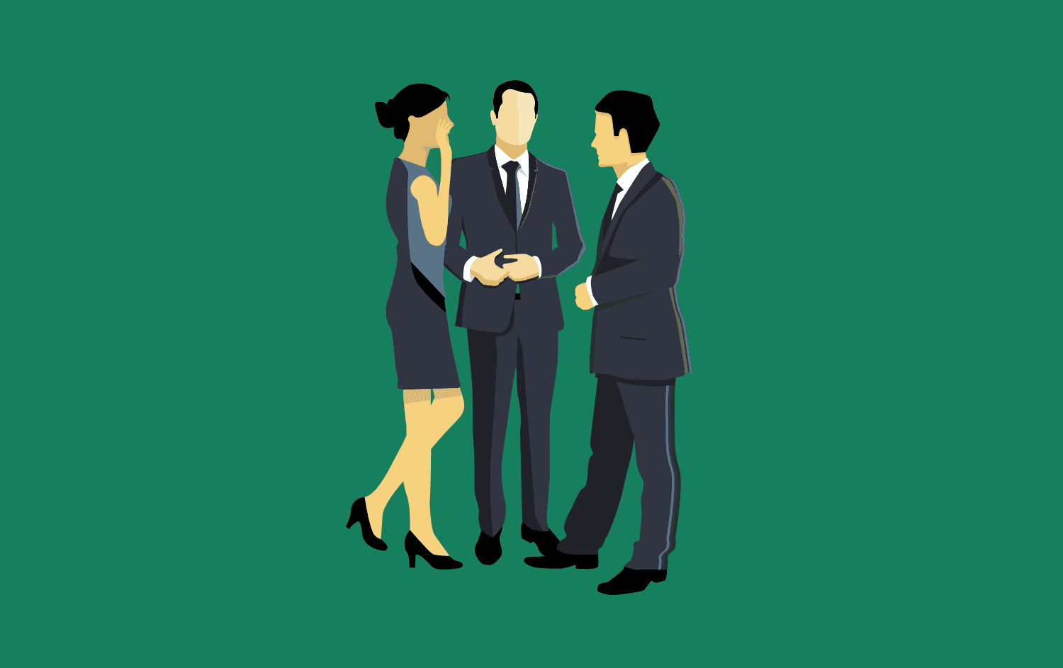 Cartoon representation of businesspeople whispering to each other