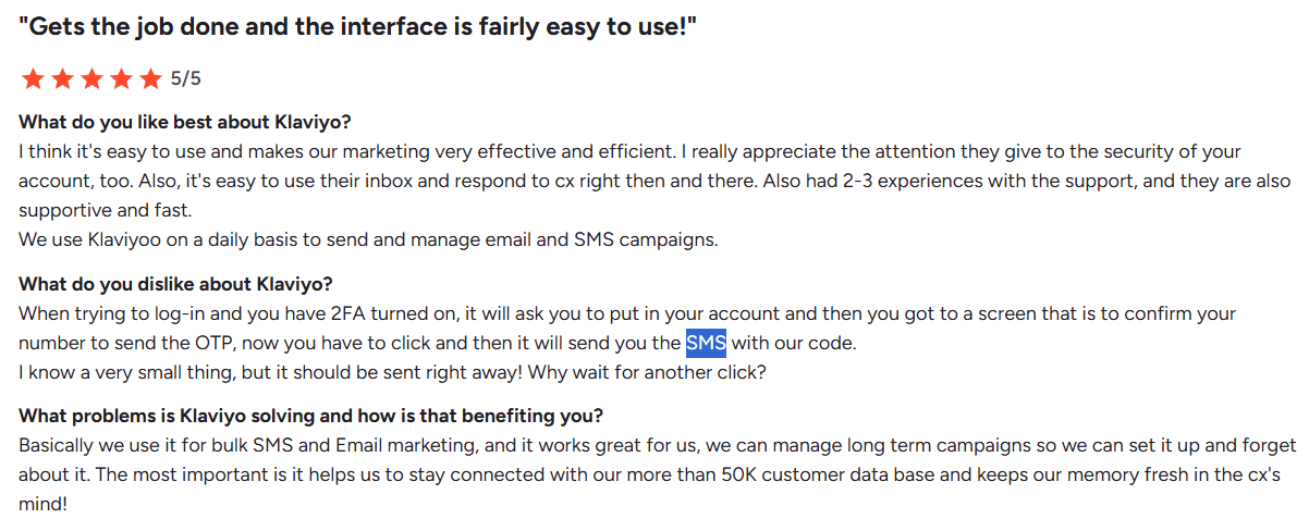 Screenshot of Klaviyo review from G2