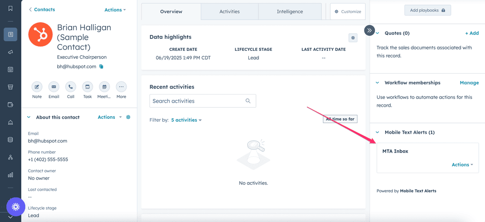 HubSpot and Mobile Text Alerts inbox integration