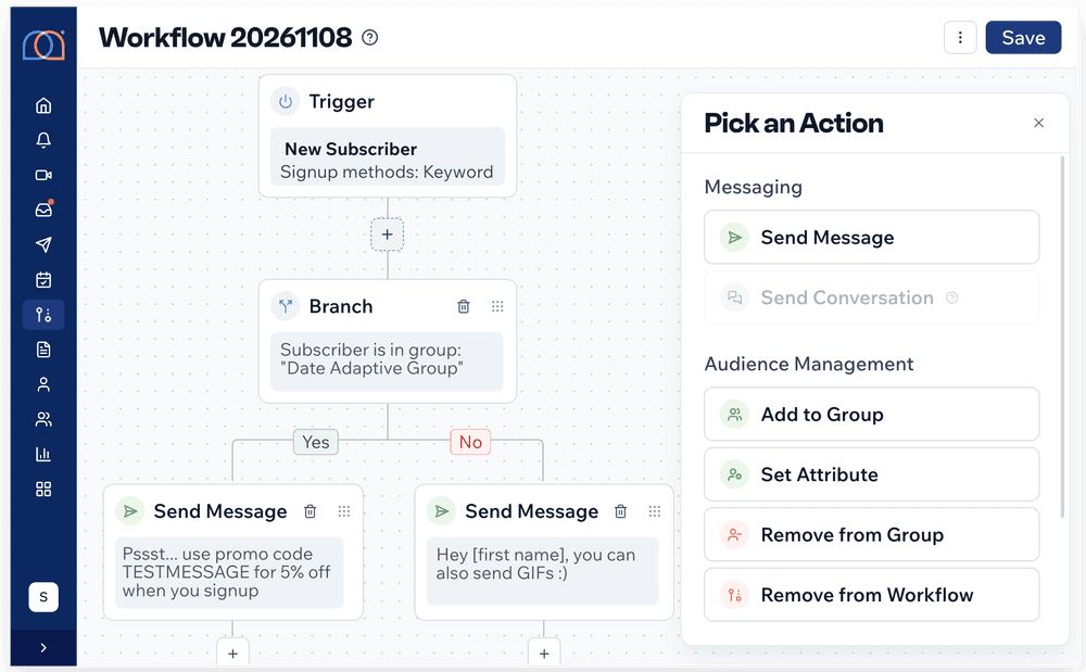 Mobile Text Alerts workflow builder with a branching SMS automation and action menu.