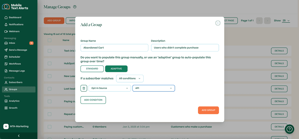Screenshot showing setting up an adaptive group in Mobile Text Alerts