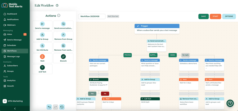 Screenshot showing a multi-branch SMS workflow in the Mobile Text Alerts dashboard