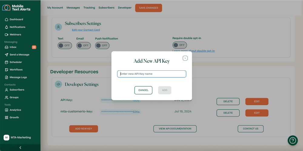 Screenshot of adding SMS API key