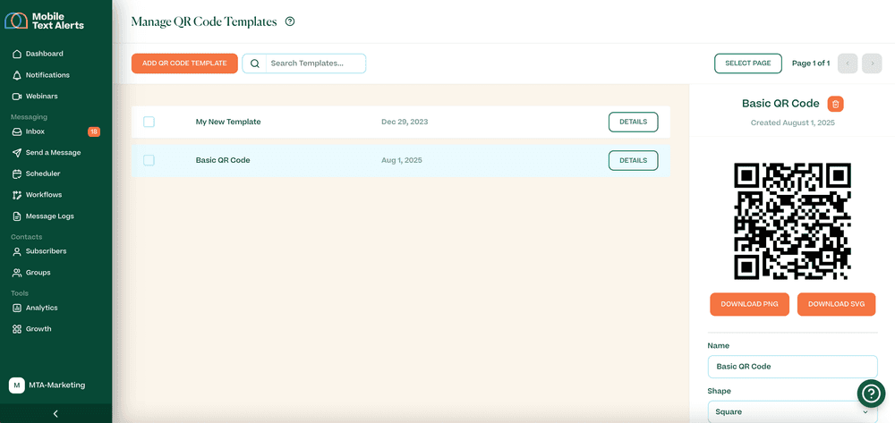 Screenshot of adding a QR code in the Mobile Text Alerts dashboard