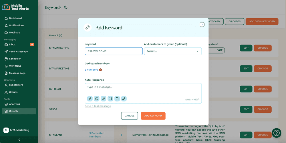 Screenshot of Mobile Text Alerts dashboard showing adding an opt-in keyword