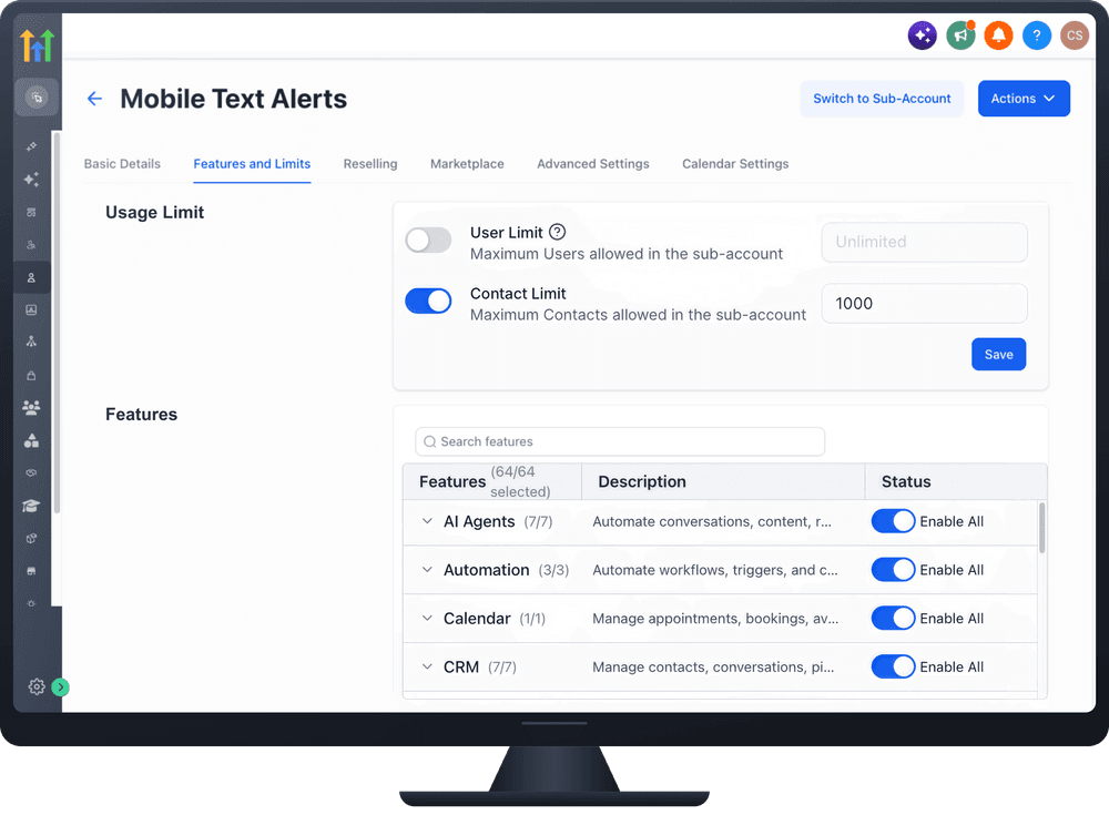 Mobile Text Alerts Agency view on Highlevel platform