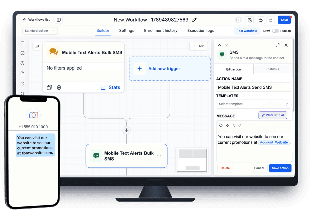 HighLevel Workflows example on a desktop monitor with a preview of a text being sent on an IPhone