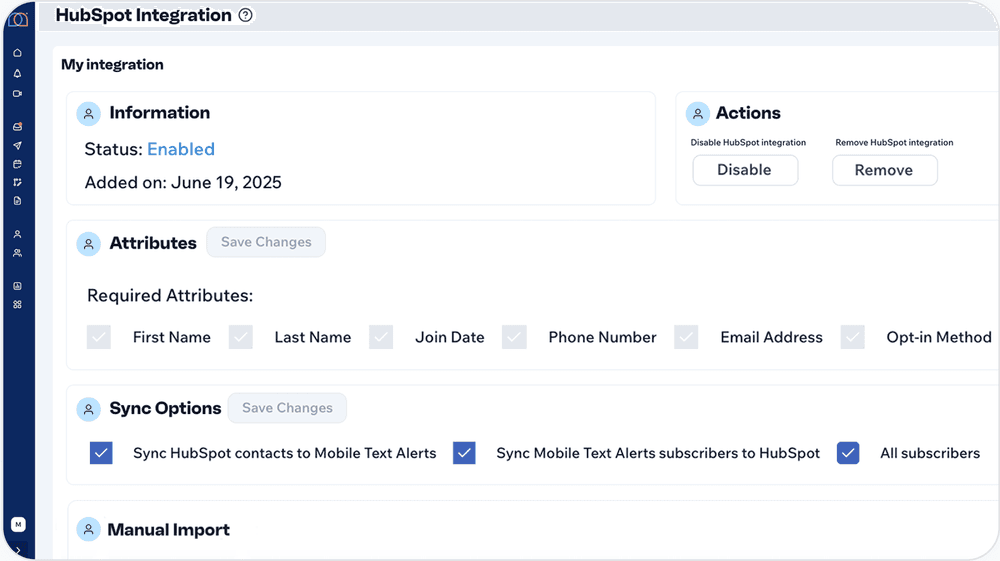 Sync contacts and subscribers between HubSpot and Mobile Text Alerts with two-way integration settings and configurable attribute mapping