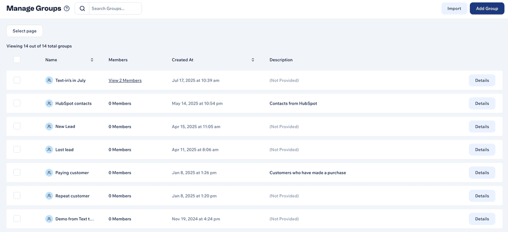 Screenshot of "Manage Groups" page in Mobile Text Alerts dashboard
