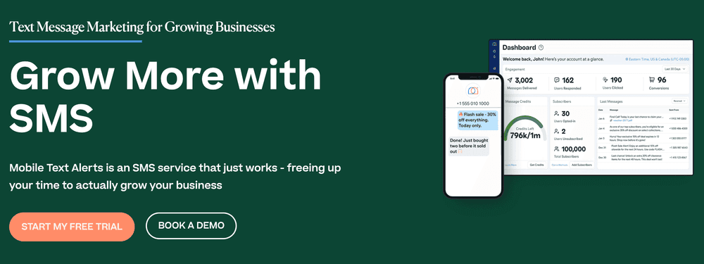 Screenshot of Mobile Text Alerts home page