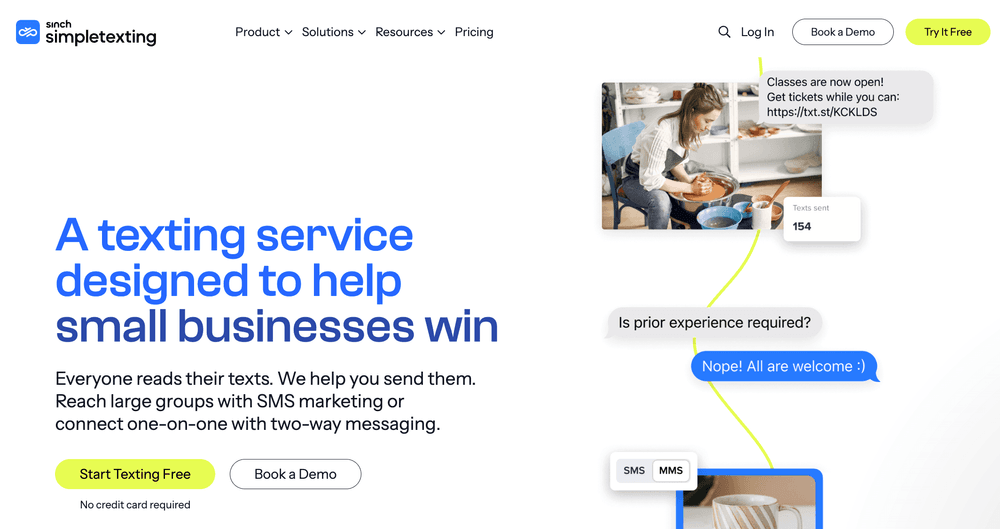 Screenshot of SimpleTexting home page