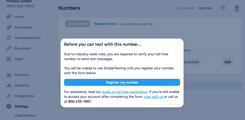 Screenshot of registration requirement for SimpleTexting trial