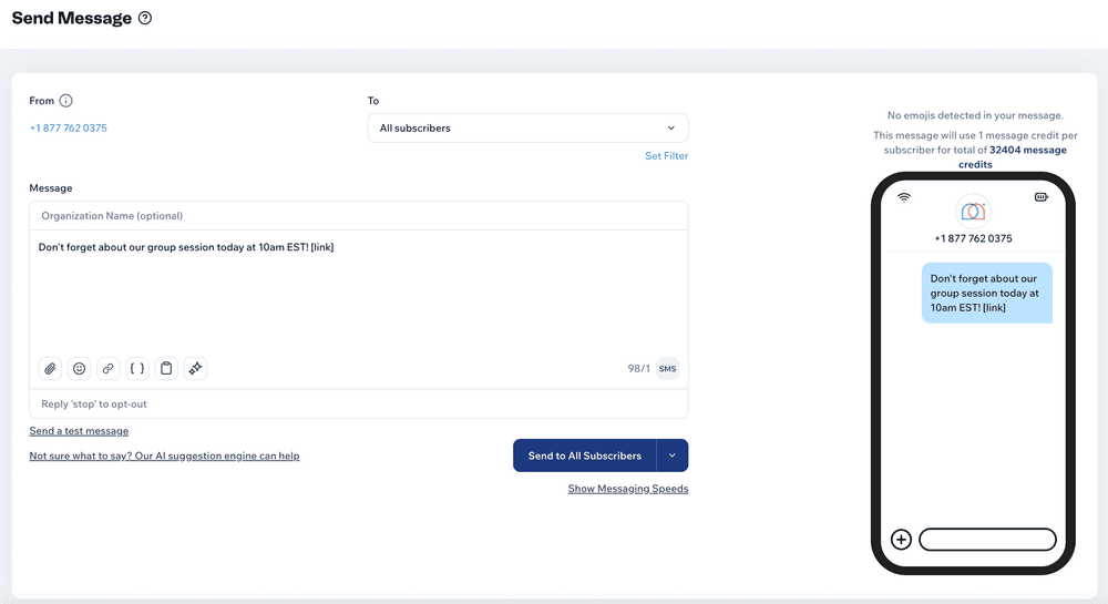 Screenshot of "Send Message" page in the Mobile Text Alerts dashboard