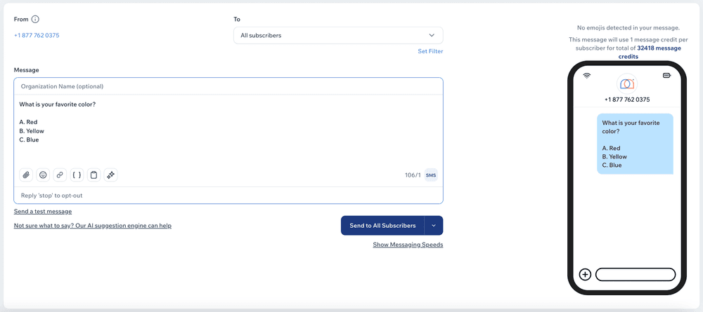 Screenshot of Mobile Text Alerts dashboard sending a survey question