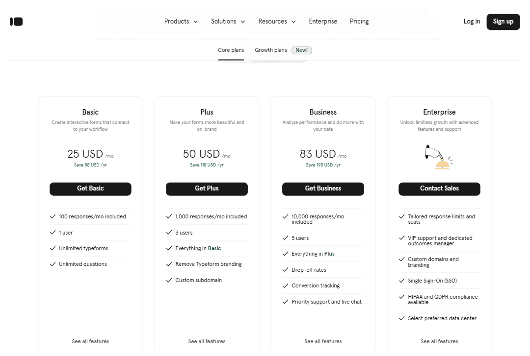 Screenshot of Typeform plans