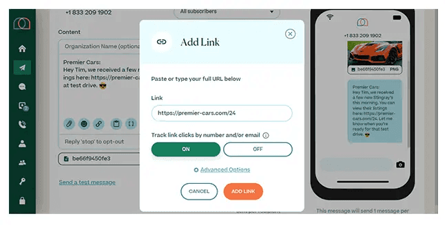 Screenshot of the Mobile Text Alerts SMS link shortener