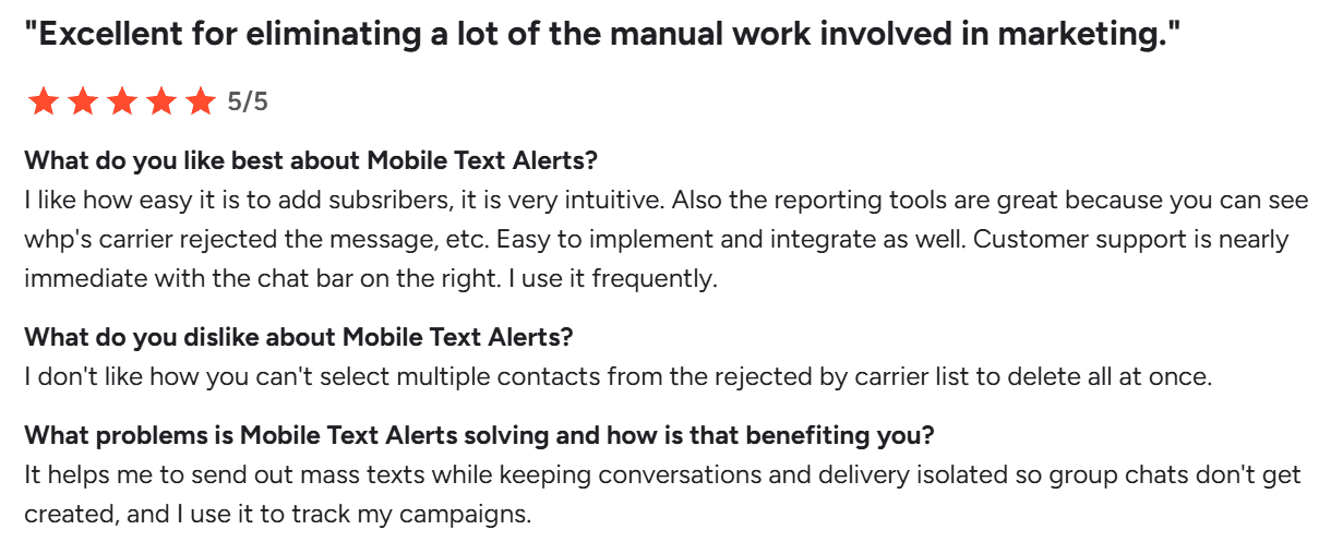 Screenshot of Mobile Text Alerts review from G2
