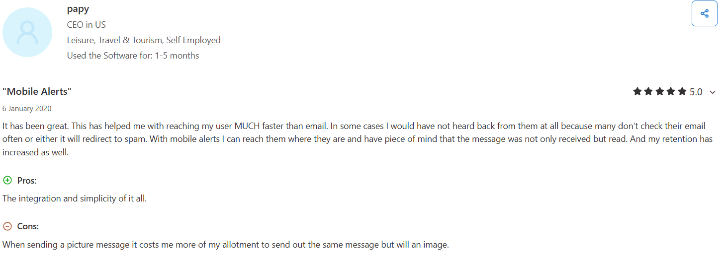 Screenshot of review for Mobile Text Alerts