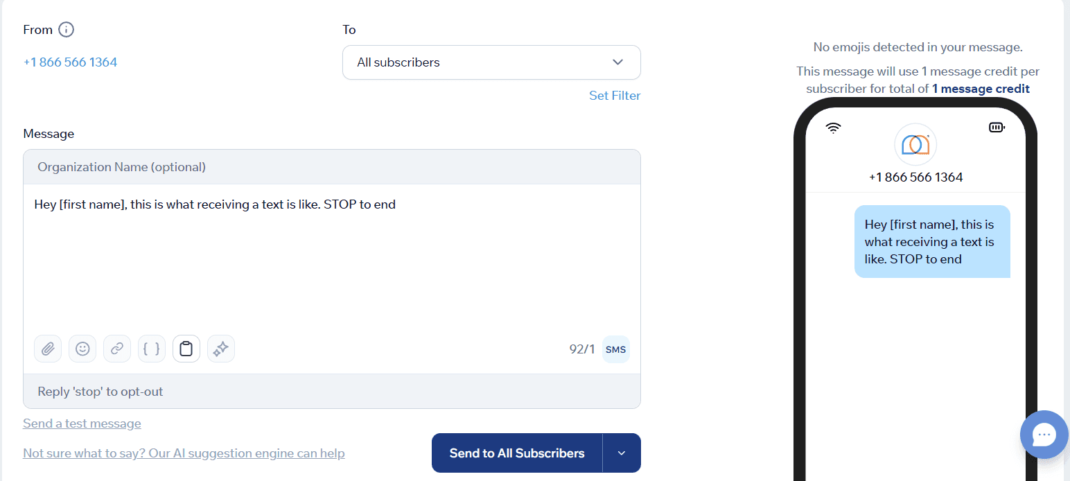 Screenshot of Send a Message page in Mobile Text Alerts