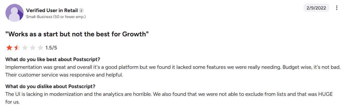 Screenshot of Postscript review from G2