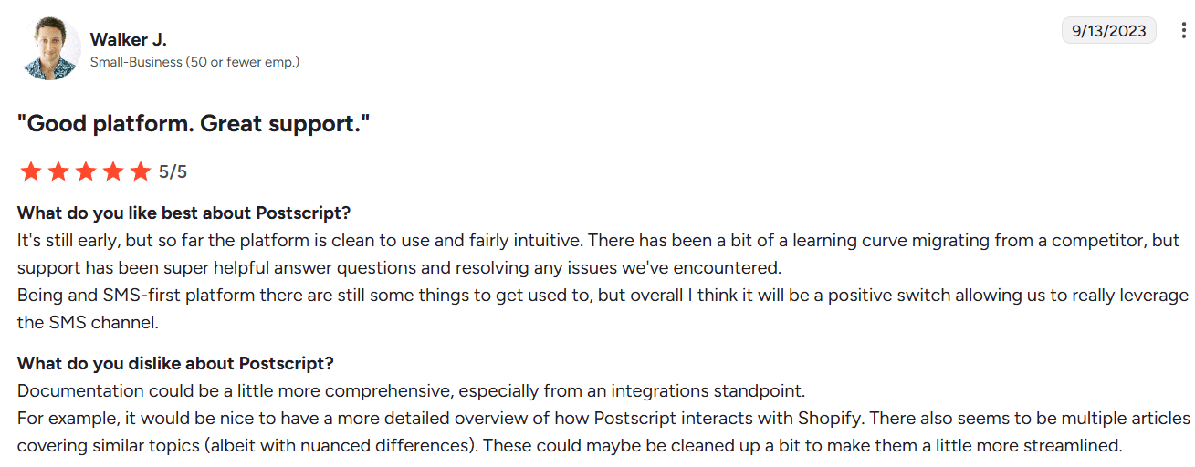 Screenshot of Postscript review from G2