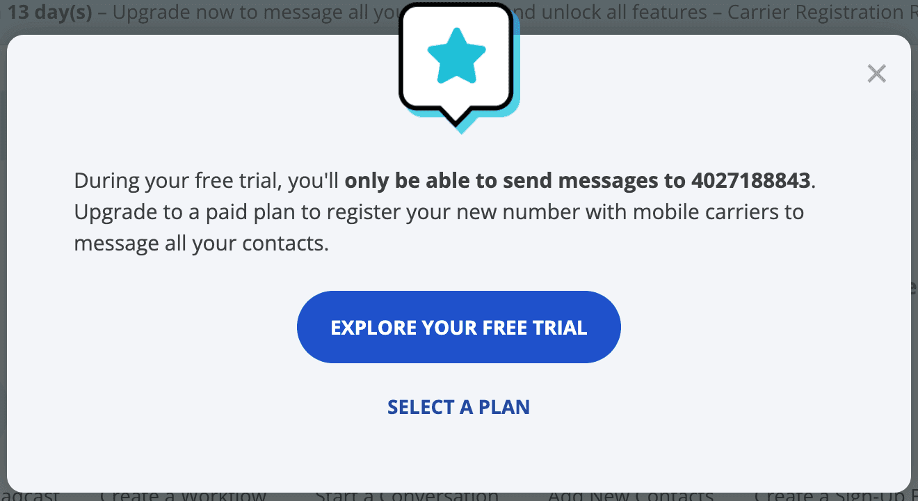 Screenshot of EZ Texting trial notice