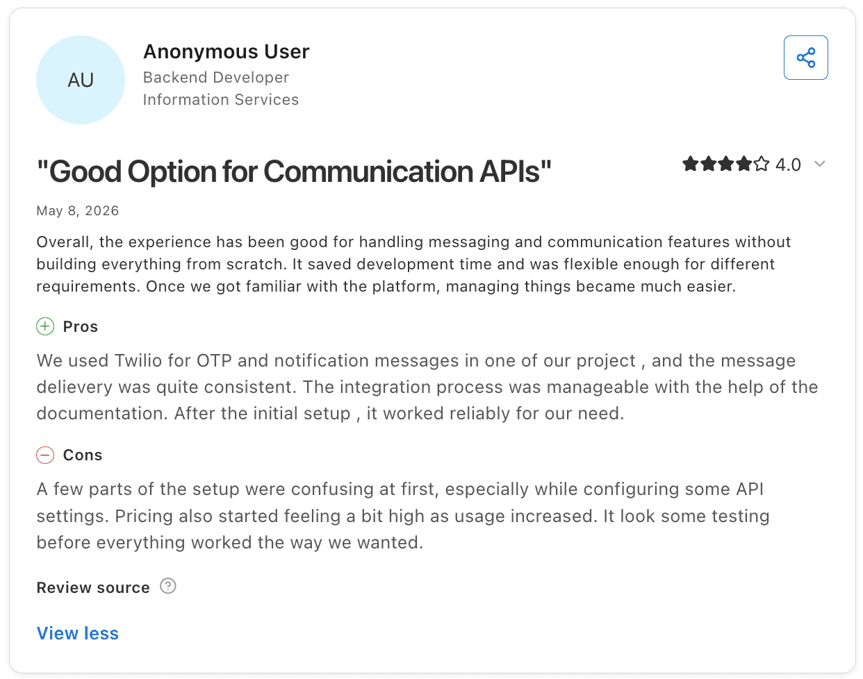 Review of Twilio from Capterra