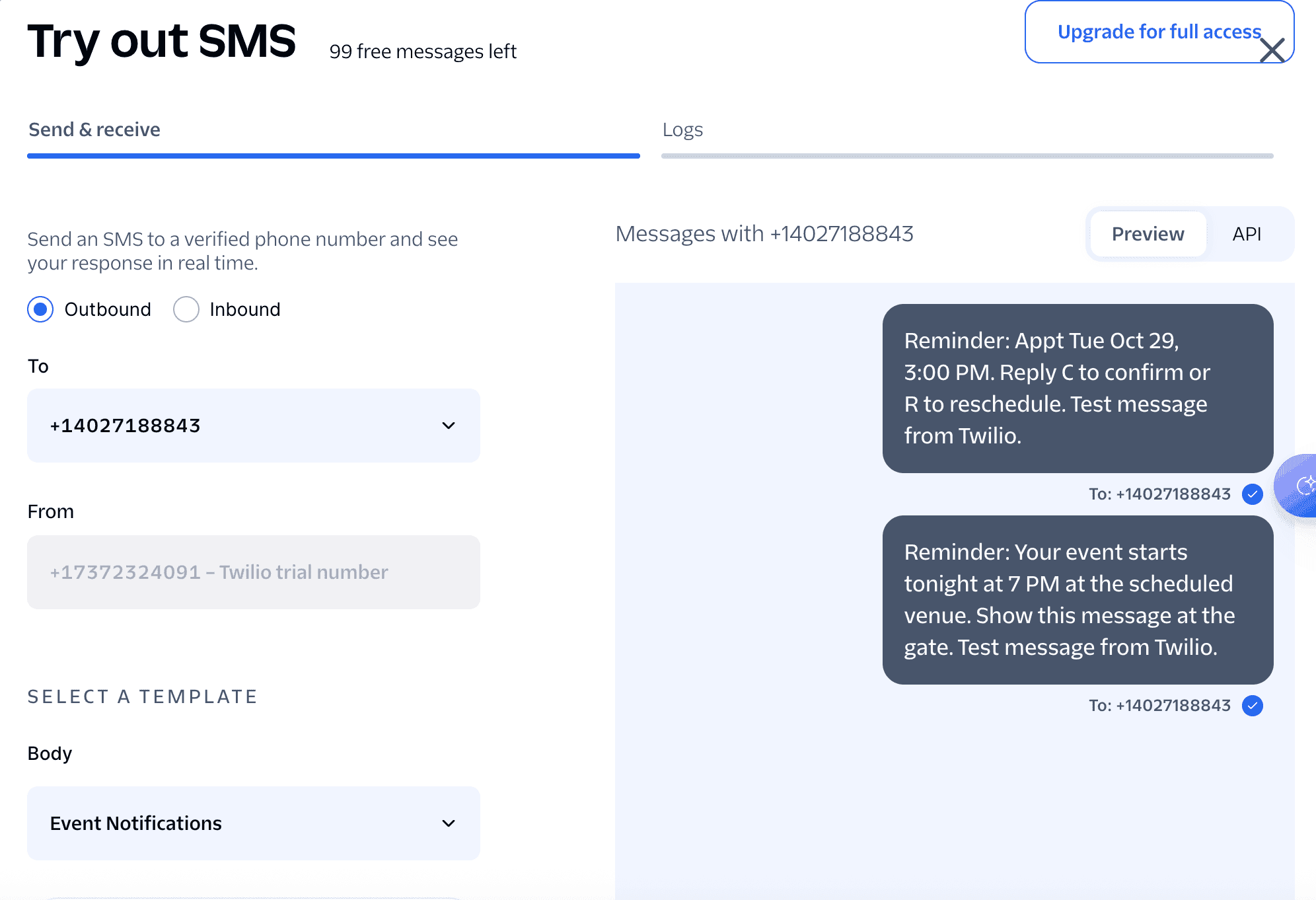 Screenshot of Twilio's send a message option in their free trial