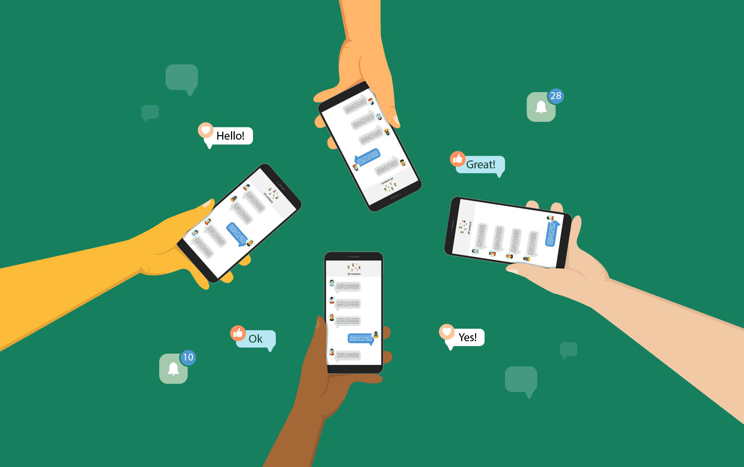 Cartoon representation of one text message bubble splitting up into mutiple and then being delivered to multiple recipients