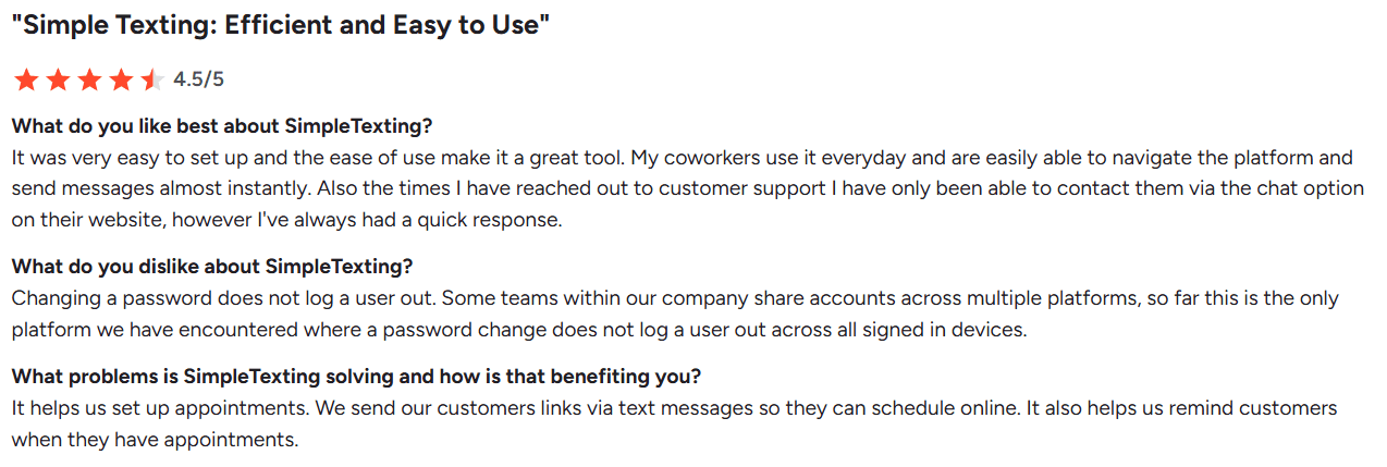 Screenshot of SimpleTexting review from G2