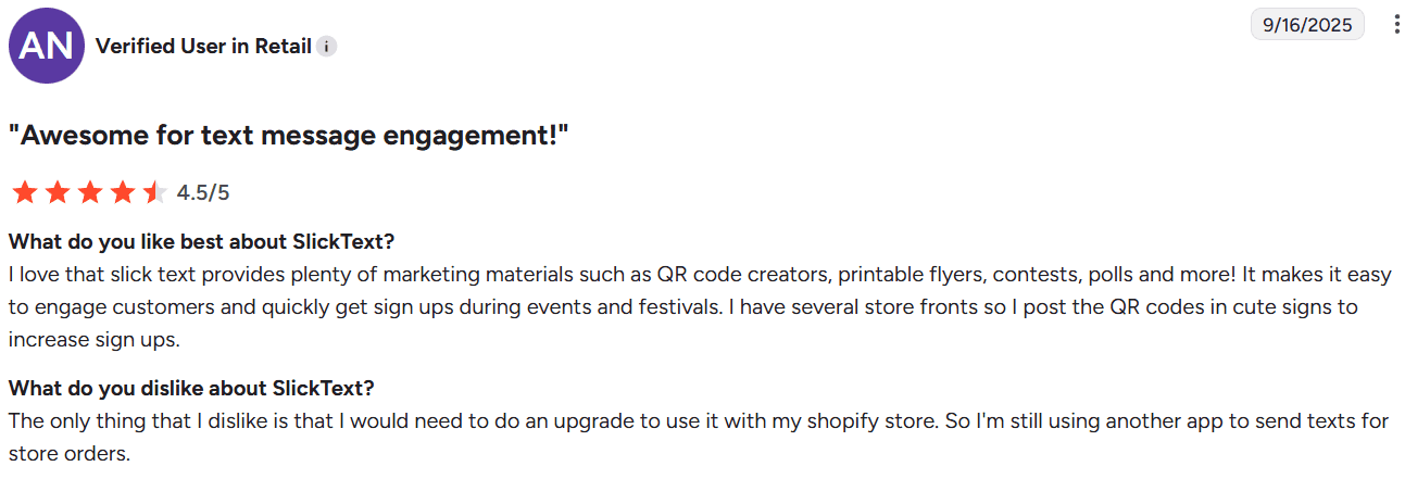 Screenshot of SlickText review