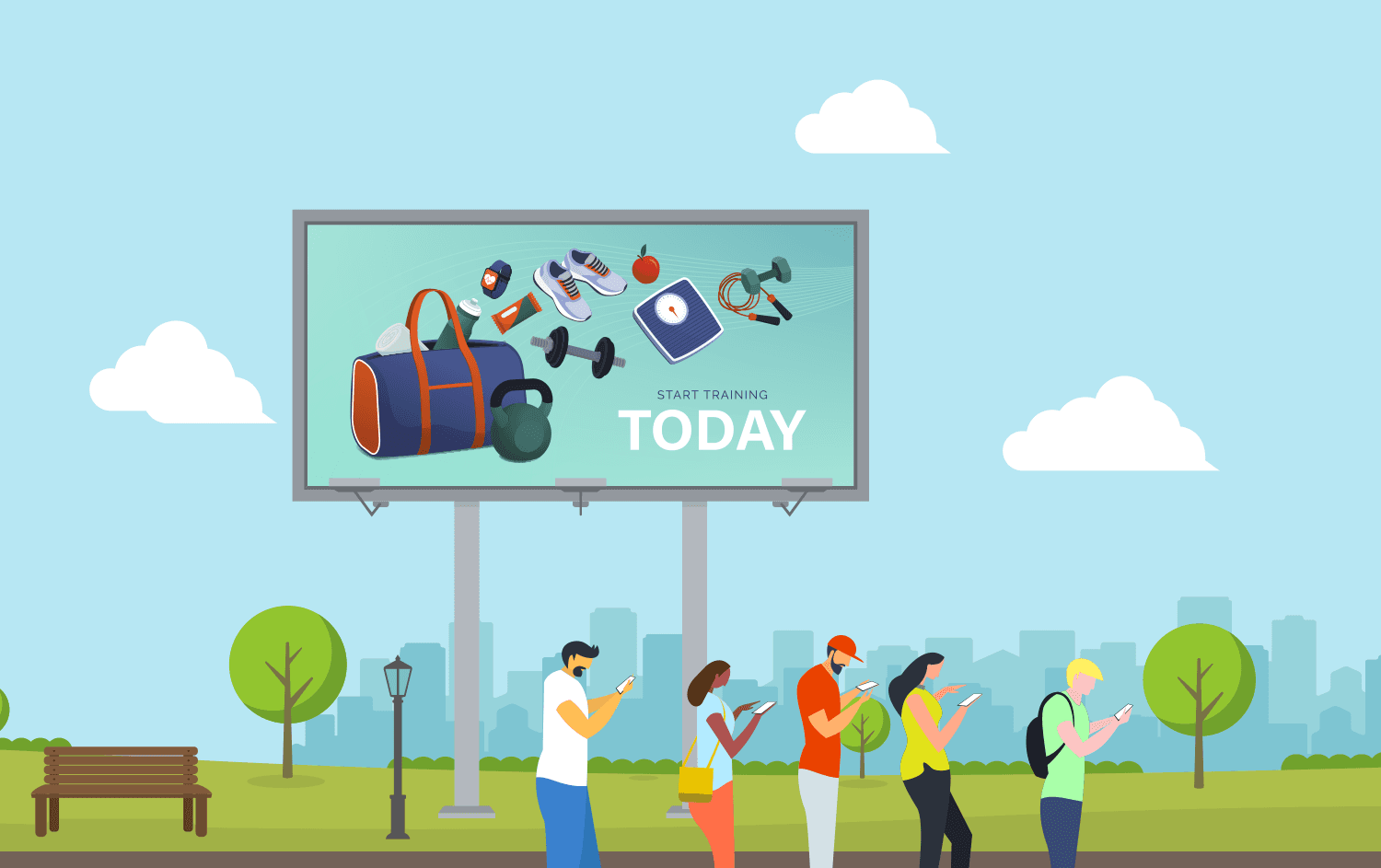 Cartoon representation of a billboard being ignored while people look down at their phones