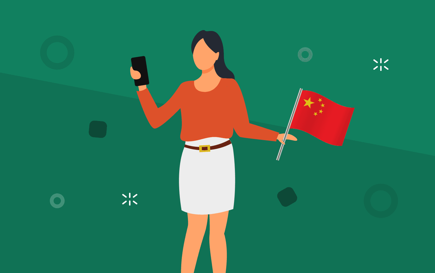 Cartoon representation of someone texting and a Chinese flag in the background