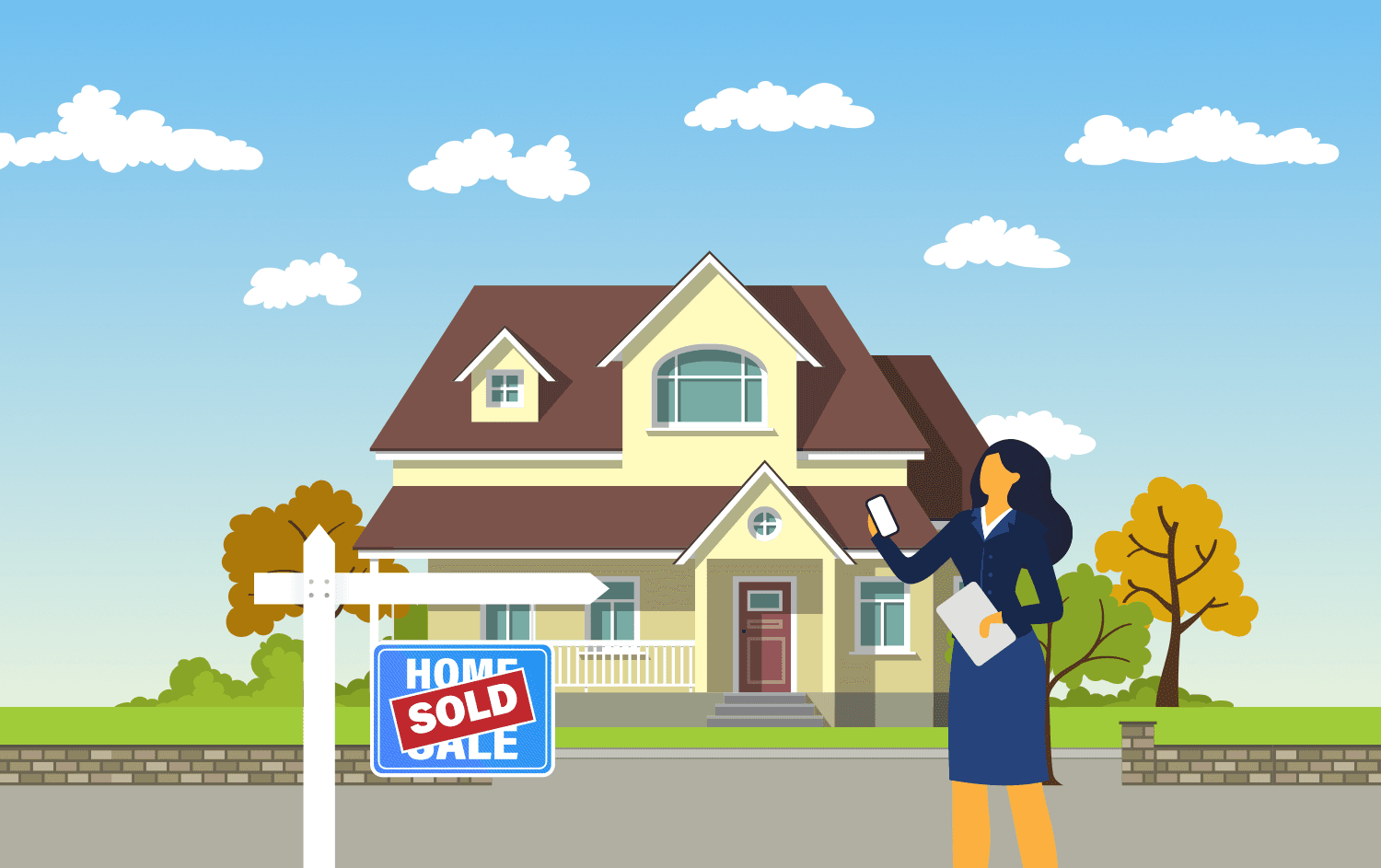 Cartoon representation of a nice home with a “Sold” sign and a well dressed realtor standing outside it on his phone