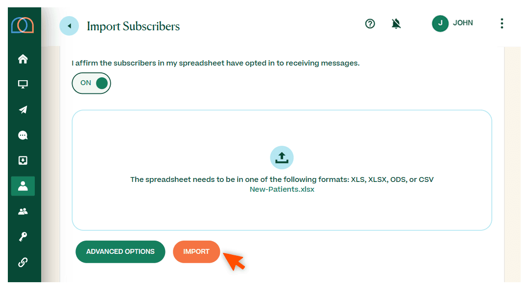 Screenshots briefly walking through the process of importing a subscriber list in the MTA dashboard, with arrows and circles drawing the readers’ attention to important parts of the graphic
