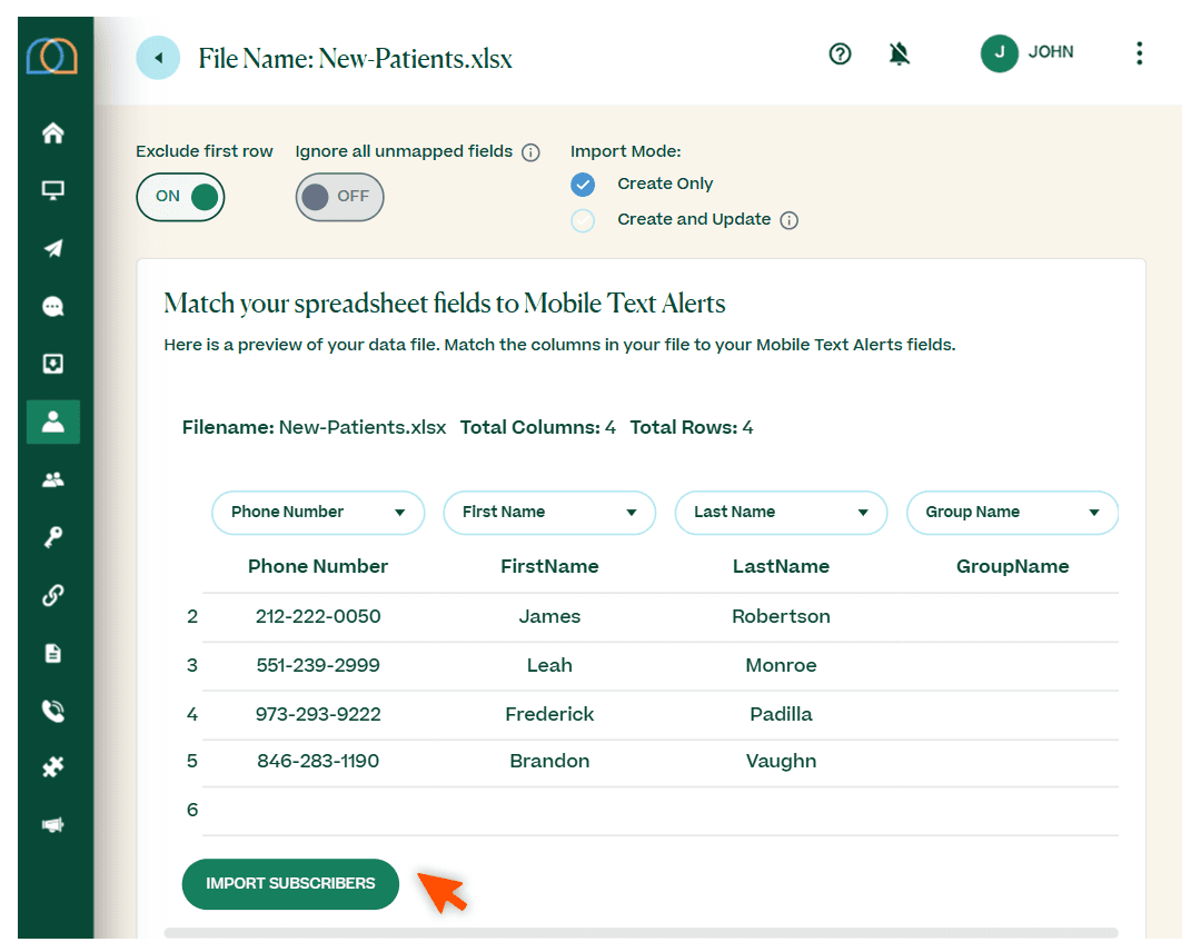 Screenshots briefly walking through the process of importing a subscriber list in the MTA dashboard, with arrows and circles drawing the readers’ attention to important parts of the graphic