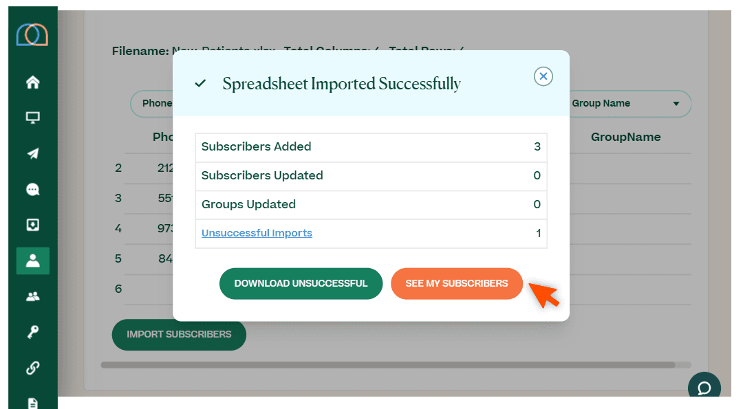 Screenshots briefly walking through the process of importing a subscriber list in the MTA dashboard, with arrows and circles drawing the readers’ attention to important parts of the graphic