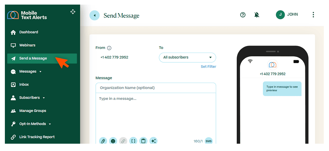 Screenshots briefly walking through the process of sending a message, with arrows and circles drawing the readers’ attention to important parts of the graphic