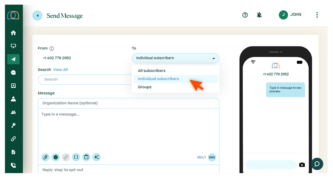 Screenshots briefly walking through the process of sending a message, with arrows and circles drawing the readers’ attention to important parts of the graphic