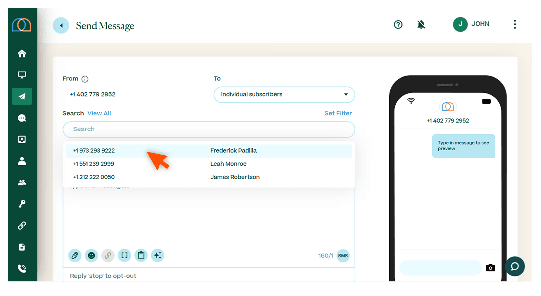 Screenshots briefly walking through the process of sending a message, with arrows and circles drawing the readers’ attention to important parts of the graphic