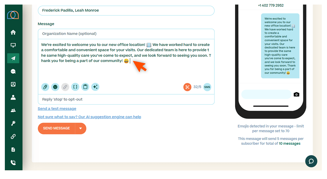 Screenshots briefly walking through the process of sending a message, with arrows and circles drawing the readers’ attention to important parts of the graphic