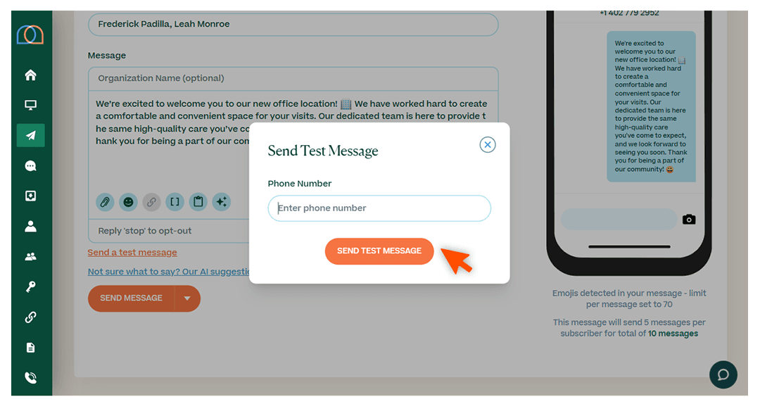 Screenshots briefly walking through the process of sending a message, with arrows and circles drawing the readers’ attention to important parts of the graphic
