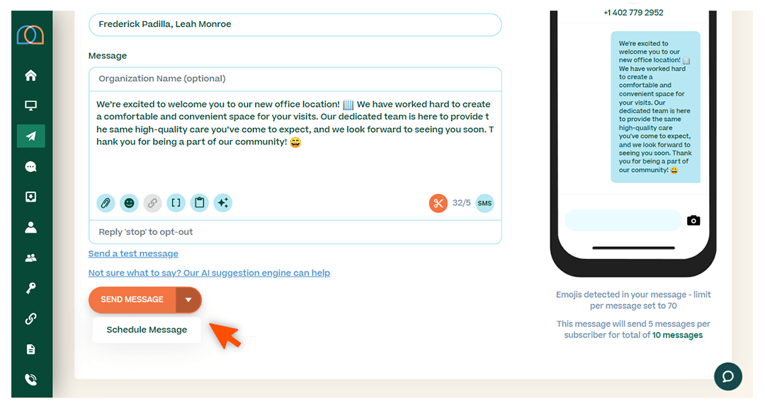 Screenshots briefly walking through the process of sending a message, with arrows and circles drawing the readers’ attention to important parts of the graphic