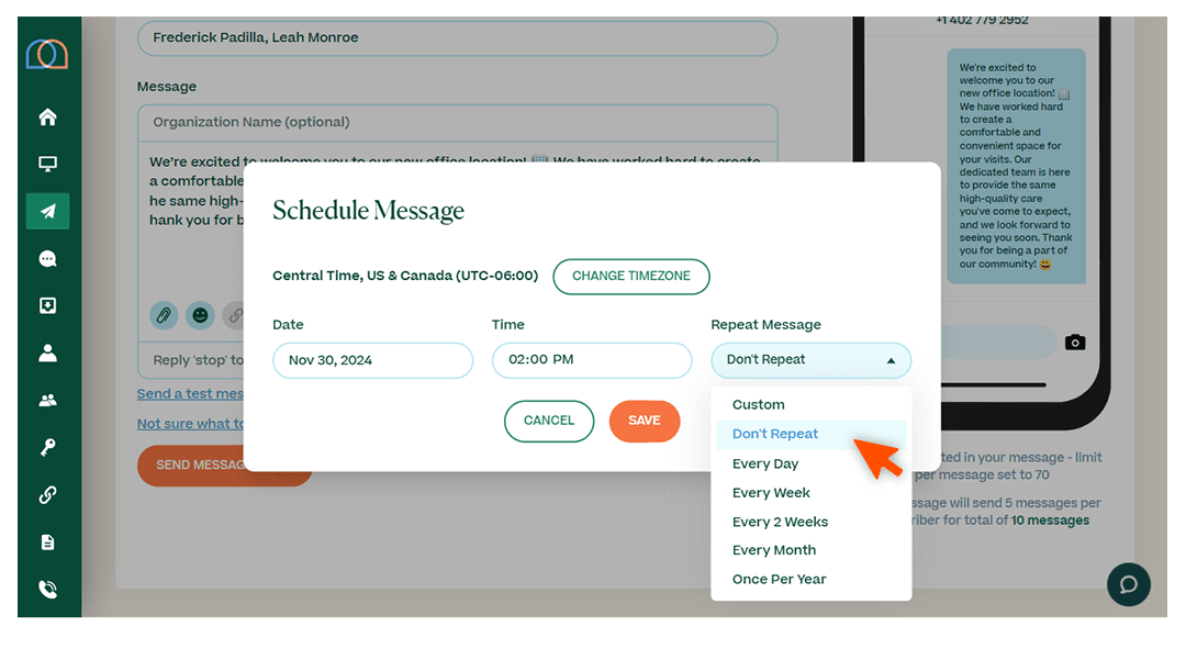 Screenshots briefly walking through the process of sending a message, with arrows and circles drawing the readers’ attention to important parts of the graphic