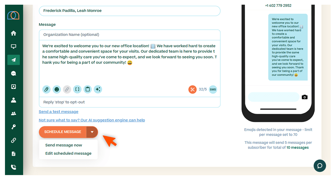 Screenshots briefly walking through the process of sending a message, with arrows and circles drawing the readers’ attention to important parts of the graphic