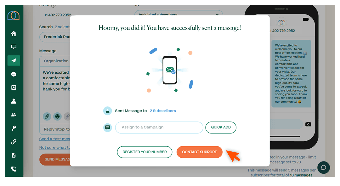 Screenshots briefly walking through the process of sending a message, with arrows and circles drawing the readers’ attention to important parts of the graphic