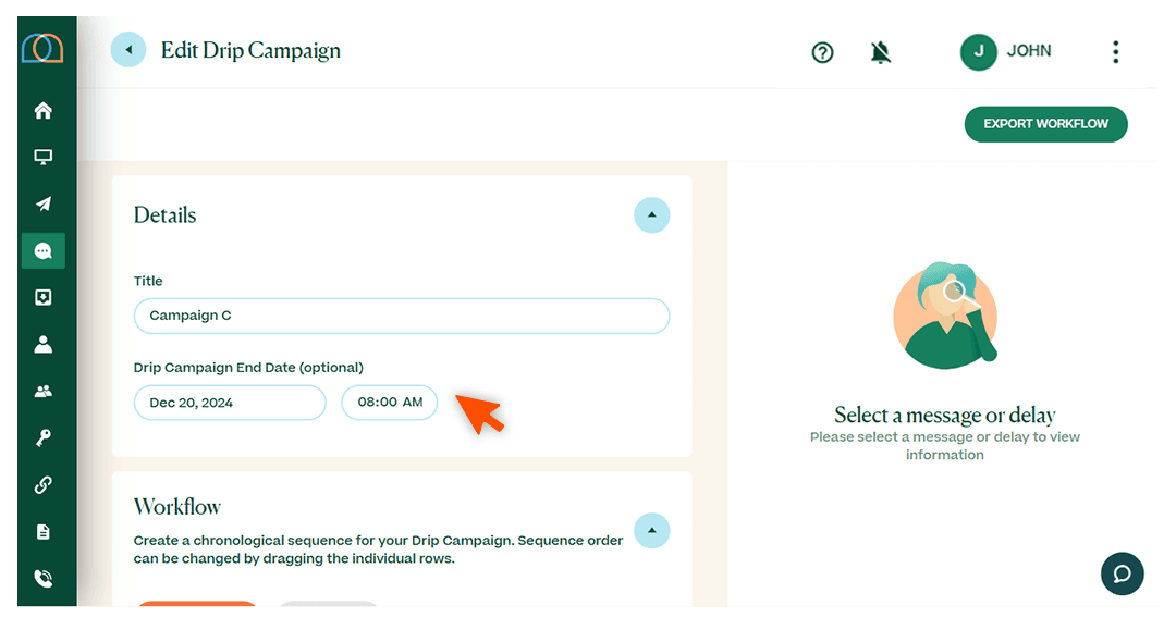 Screenshots briefly walking through the process of setting up a drip campaign, with arrows and circles drawing the readers’ attention to important parts of the graphic