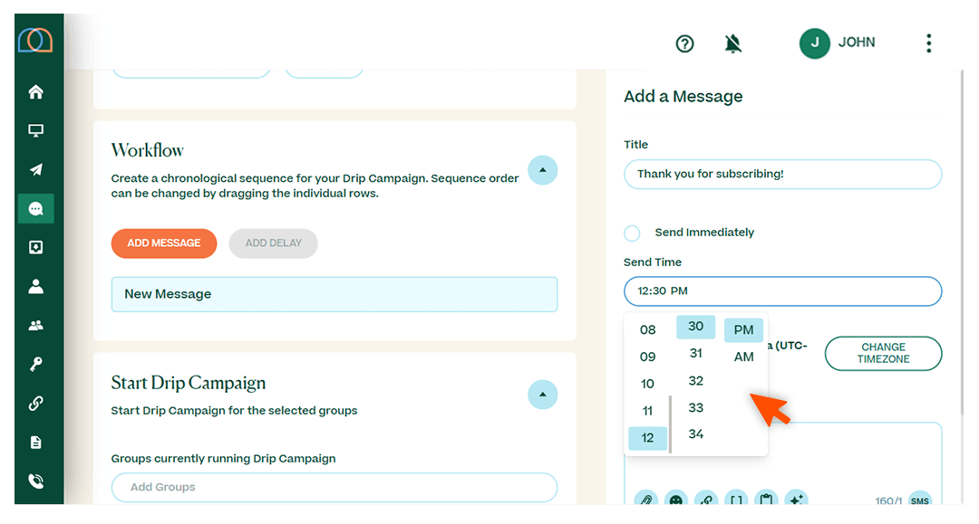 Screenshots briefly walking through the process of setting up a drip campaign, with arrows and circles drawing the readers’ attention to important parts of the graphic