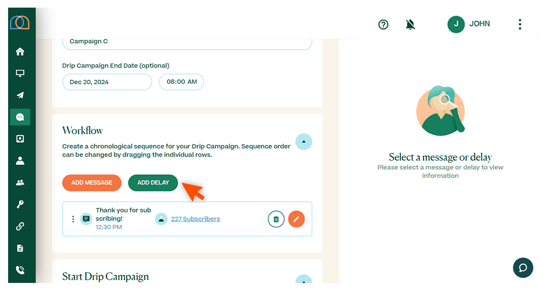 Screenshots briefly walking through the process of setting up a drip campaign, with arrows and circles drawing the readers’ attention to important parts of the graphic