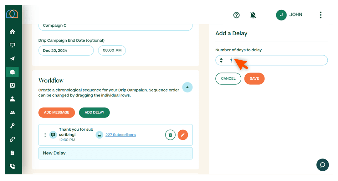 Screenshots briefly walking through the process of setting up a drip campaign, with arrows and circles drawing the readers’ attention to important parts of the graphic